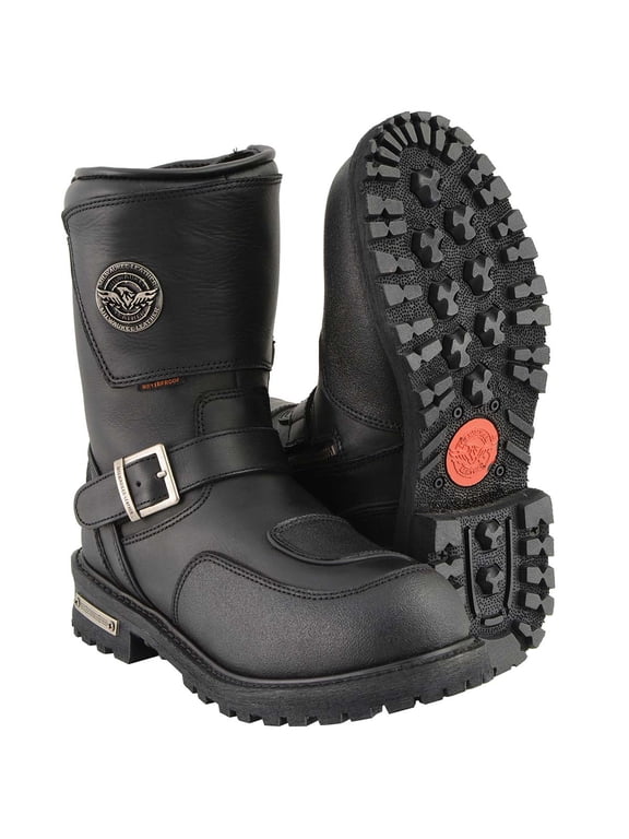 Men's Black Wide Width 9-inch Waterproof Engineer Leather Biker Boots with Reflective Piping MBM9071WP 14W
