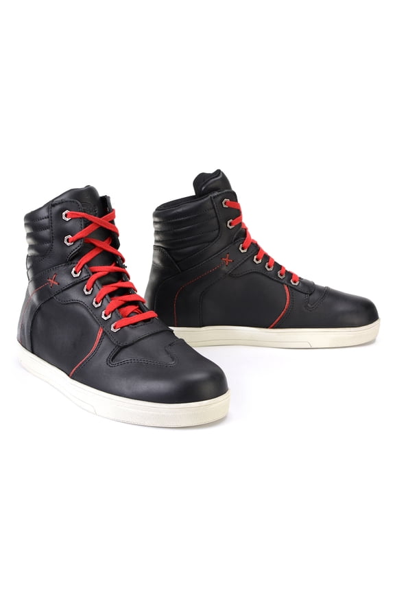 MBM9102 Men's Black Leather with Red Shoe Lace Reinforced Street Riding Shoes w/ Ankle Support 9.5