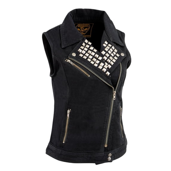 Milwaukee Leather MDL4030 Women's Black Denim Zipper Front Motorcycle Vest with Studded Spikes 4X-Large