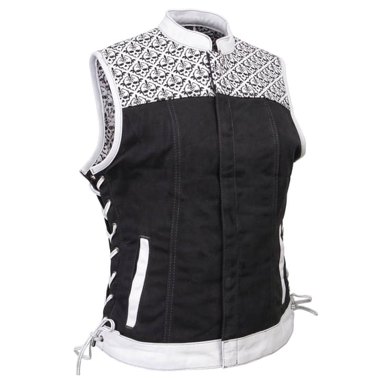 Milwaukee Leather MDL4050 Women's 'Skelly' Black with White Motorcycle Denim Vest w/ Skull Embroidery X-Large