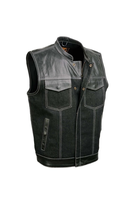 MDM3006 Men's 'Brute' Black Denim and Black Leather Club Style Vest w/ Hidden Dual Closure Medium
