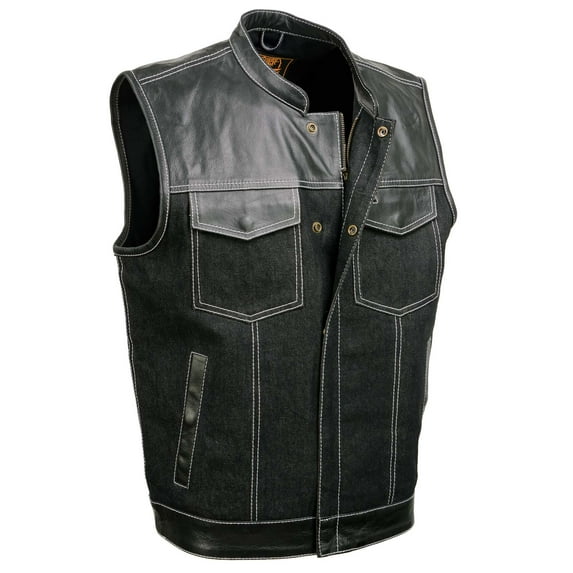 Milwaukee Leather MDM3006 Men's 'Brute' Black Denim and Black Leather Club Style Vest w/ Hidden Dual Closure X-Large