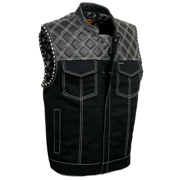Milwaukee Leather MDM3035 Men’s Wrecker Club Vest – Black Denim & Leather, Diamond Quilt, White Stitch X-Large