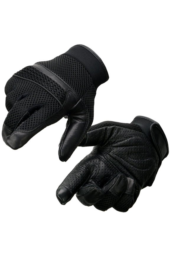 MG7503 Men's Black Leather i-Touch Screen Compatible Mesh Racing Motorcycle Hand Gloves W/ Reflector Large