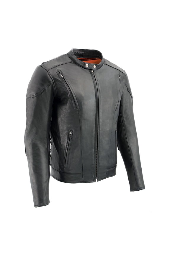 ML1010 Men's Side Lace Vented Black Leather Scooter Jacket X-Large