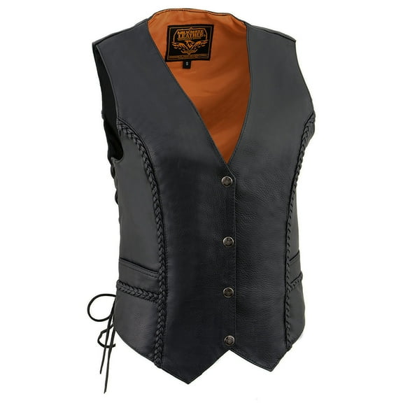 Milwaukee Leather ML1255 Women's Black Braided Premium Leather Side Lace Motorcycle Rider Vest Large