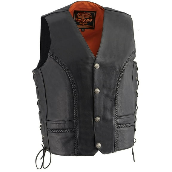 Milwaukee Leather ML1359 Men's Black Premium Leather Side Lace Motorcycle Rider Vest w/ Buffalo Nickel Snaps Closure 46