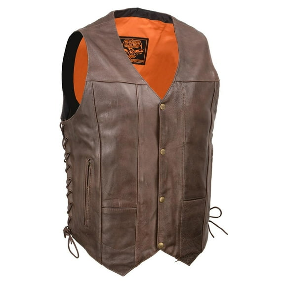Milwaukee Leather ML1391RT Men's Retro Brown Leather Vest- 10 Pockets Side Lace 4-Snap V-Neck Motorcycle Rider Vest 40