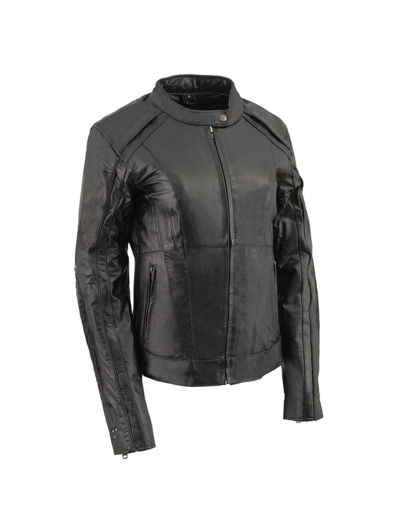 ML1952 Women's Black 'Embroidered Wing and Stud Design' Leather Scooter Jacket Large