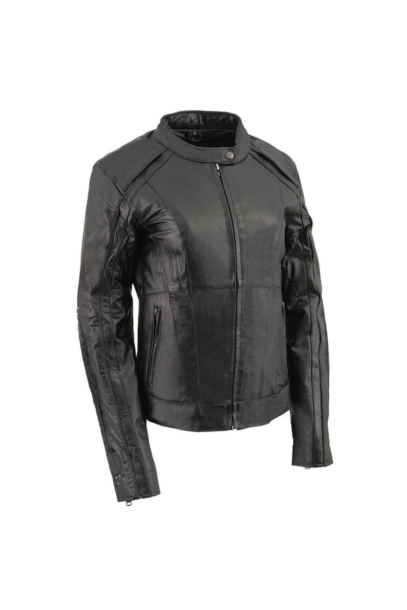 ML1952 Women's Black 'Embroidered Wing and Stud Design' Leather Scooter Jacket Small
