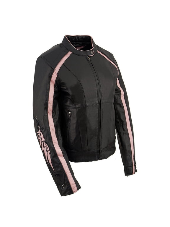 ML1952 Women's Black and Pink Embroidered and Stud Design Scooter Jacket Small