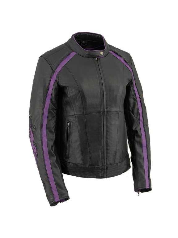 ML1952 Women's Black and Purple Embroidered and Stud Design Scooter Jacket 3X-Large