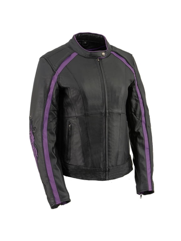 ML1952 Women's Black and Purple Embroidered and Stud Design Scooter Jacket Large