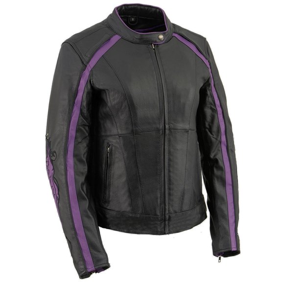 Milwaukee Leather ML1952 Women's Black and Purple Embroidered and Stud Design Scooter Jacket Small