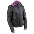 thumbnail image 1 of Milwaukee Leather ML2067 Women's 3/4 Black and Purple Leather Hoodie Jacket with Reflective Tribal Design 5X-Large, 1 of 10
