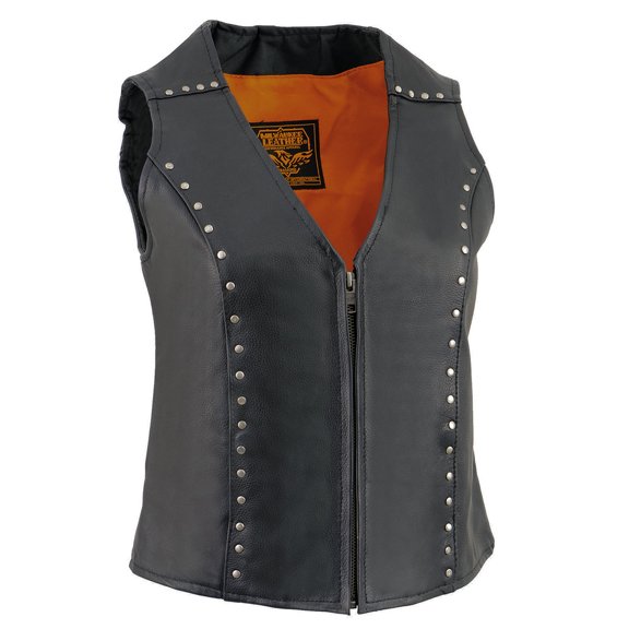 Milwaukee Leather ML2078 Women's Black Premium Leather Motorcycle Rider Vest w/ Studding Detail Large
