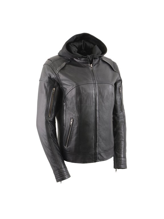 Women's Vented Racer Leather Jacket with Removable Hoodie MLL2501 3X-Large