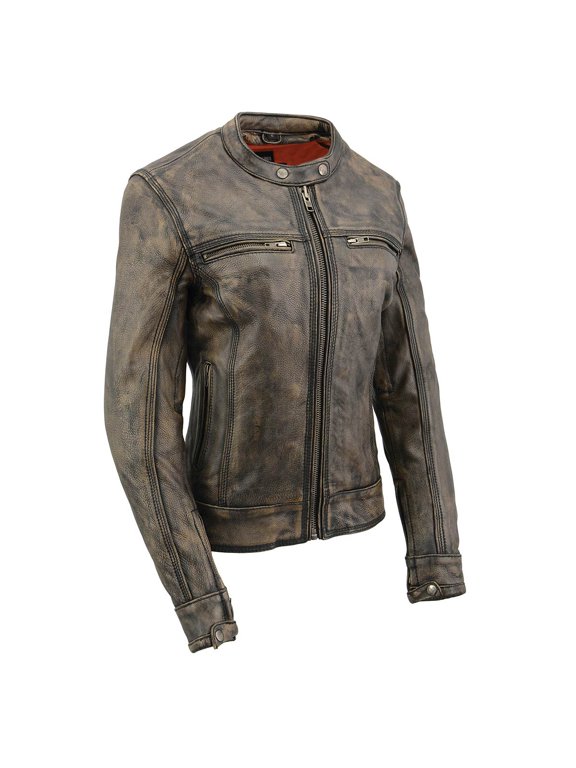MLL2550 Women's Scooter Distressed Brown Leather Vented Motorcycle Jacket 5X-Large