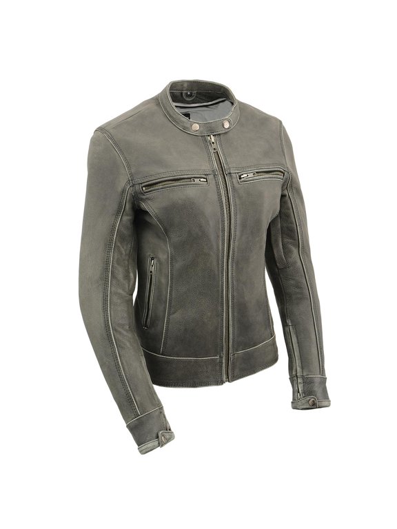 MLL2550 Women's Scooter Distressed Grey Leather Motorcycle Riding Vented Jacket Medium