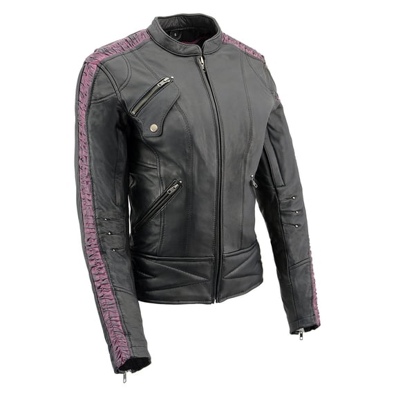 Milwaukee Leather MLL2571 Ladies Black and Purple 'Crinkled Arm' Lightweight Racer Jacket 2X-Large