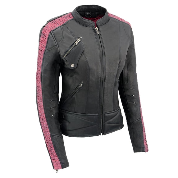 Milwaukee Leather MLL2571 Womens Black and Pink 'Crinkled Arm' Lightweight Racer Jacket X-Large