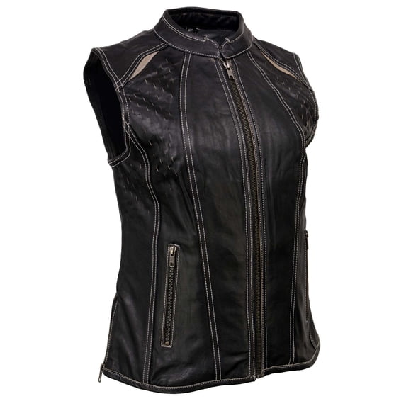 Milwaukee Leather MLL4507 Women's Black Leather Purple Accented Laser Cut Vented Scuba Style Motorcycle Rider Vest 4X-Large