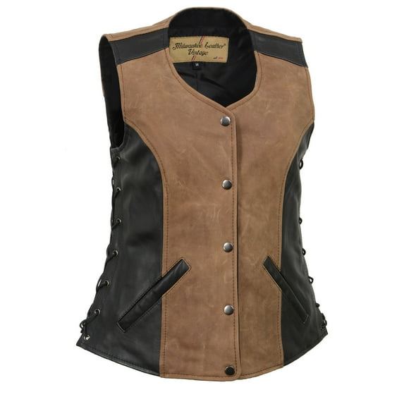 Milwaukee Leather MLL4508 Women's 'Trickster' Vintage Two Tone Crazy Horse Brown and Black Leather Club Style Motorcycle Vest 3X-Large