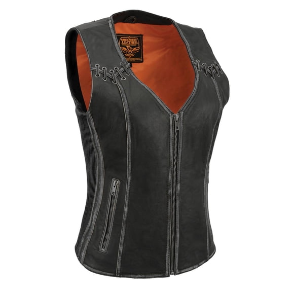 Milwaukee Leather MLL4526 Women's Distress Grey Leather Motorcycle Rider Vest- Stretch Side Panel W/ Lacing Detail Large