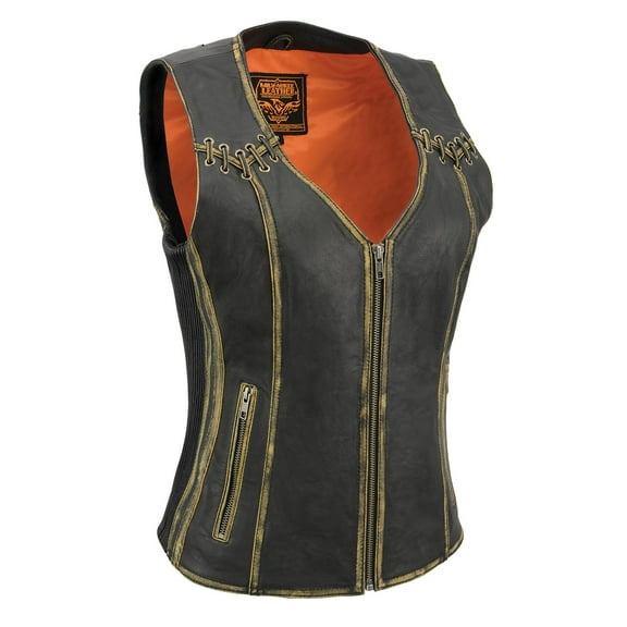 Milwaukee Leather MLL4527 Women's Stretch Side Panel Distress Brown Leather Motorcycle Rider Vest w/ Lacing Detail 2X-Large