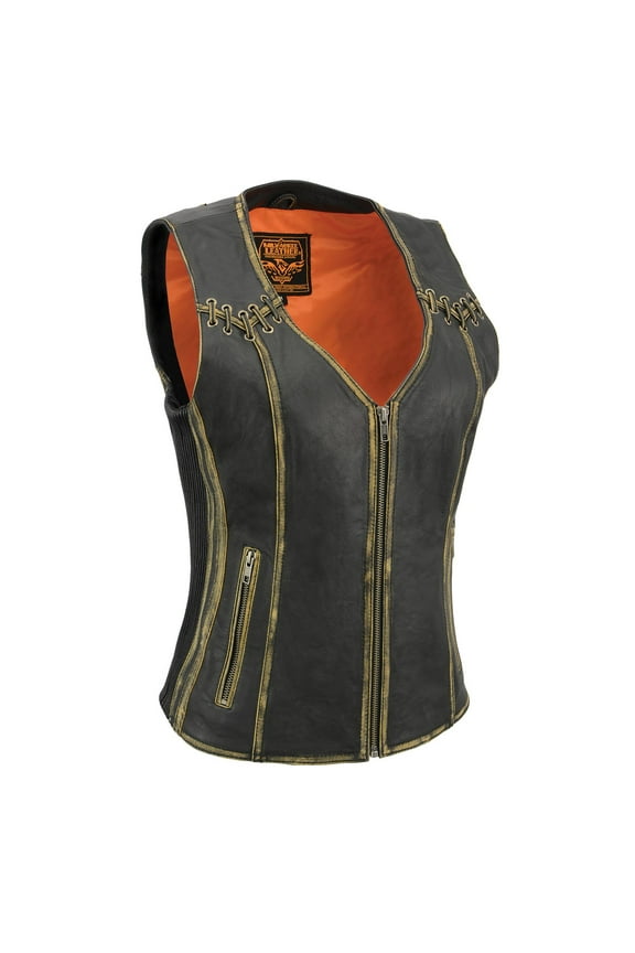 MLL4527 Women's Stretch Side Panel Distress Brown Leather Motorcycle Rider Vest w/ Lacing Detail X-Large