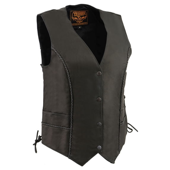 Milwaukee Leather MLL4560 Women's Black Premium Leather Classic Braided Side Lace Deep V-Neck Motorcycle Rider Vest 3X-Large