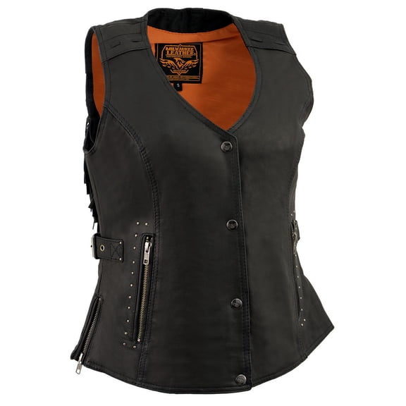 Milwaukee Leather MLL4565 Women's Black Fringed Leather Rivet Detail Side Buckle and Zipper Motorcycle Rider Vest 5X-Large