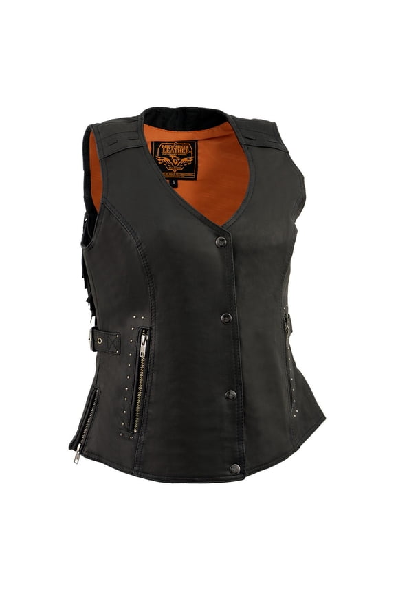 MLL4565 Women's Black Fringed Leather Rivet Detail Side Buckle and Zipper Motorcycle Rider Vest Large