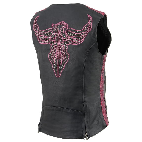 Milwaukee Leather MLL4570 Women's Studded Phoenix Black/Fuchsia Leather Motorcycle Vest w/ Embroidery Art 3X-Large