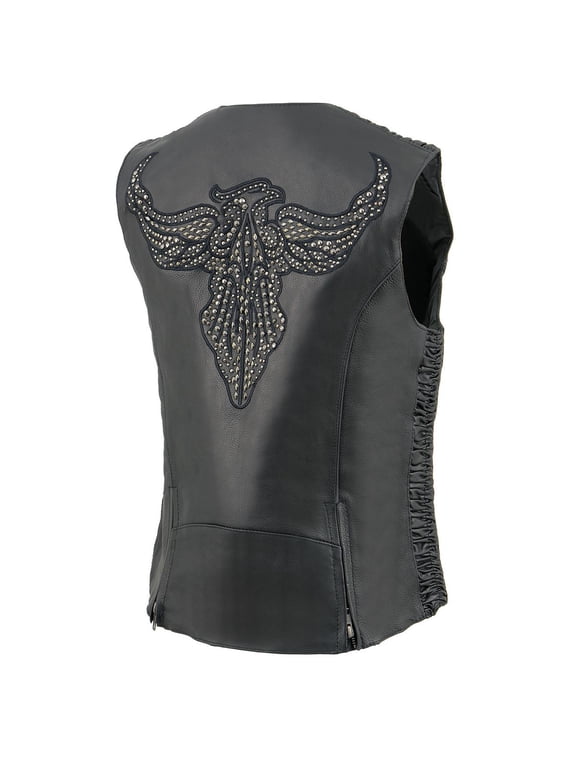 MLL4570 Women's Studded Phoenix Black Leather Motorcycle Biker Vest w/ Embroidery Art Small
