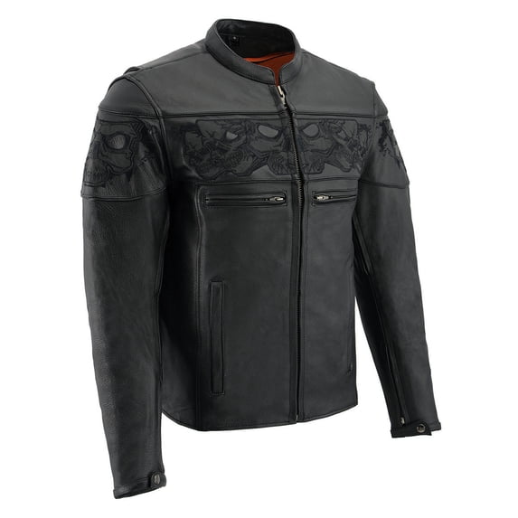 Milwaukee Leather MLM1500 Men's Crossover Black Leather Scooter Jacket with Reflective Skulls 5X-Large