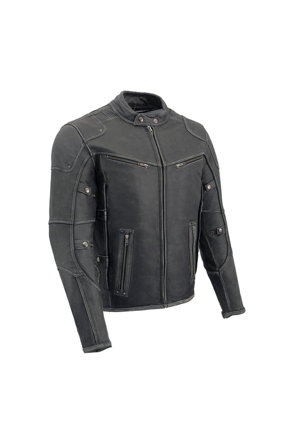 MLM1536 Mens Vintage Distressed Grey Leather Scooter Style Motorcycle Jacket - Reflective Piping Large