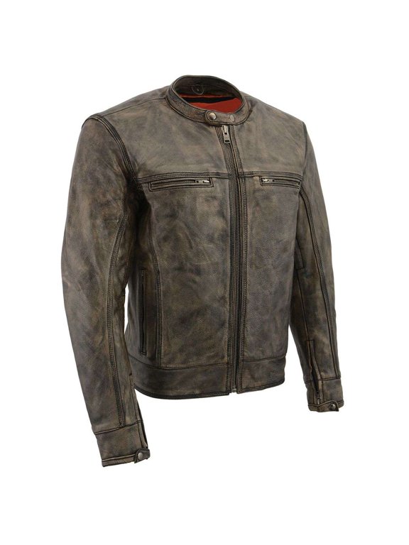 MLM1550 Men's Vented Black-Beige Distressed Leather Scooter Style Motorcycle Jacket w/ Liner 2X-Large