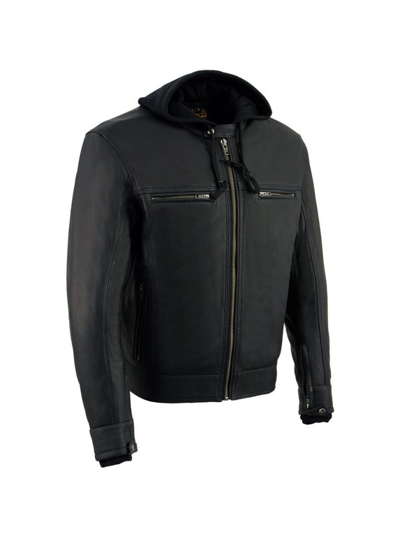MLM1552 Men's Black Leather ‘Utility Pocket’ Vented Scooter Style Motorcycle Jacket w/ Hoodie X-Large