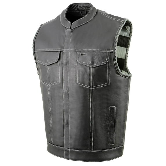 Milwaukee Leather MLM3507 Men's Old Glory Black Premium Leather Club Style Vest w/ Grey Stitching Laced Armholes X-Large