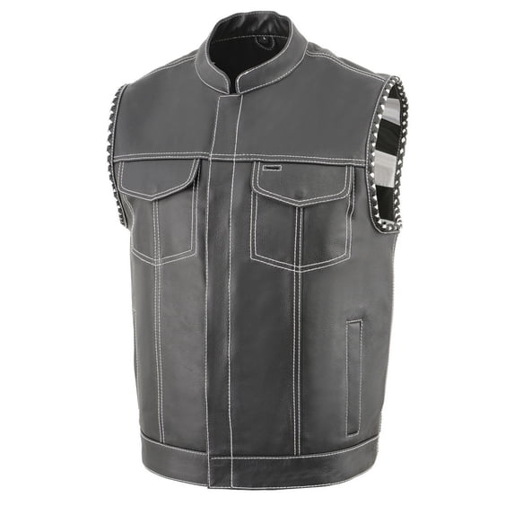Milwaukee Leather MLM3509 Men's Black Premium Leather Vest - Old Glory Laced Armholes White Stitching Club Style Vest Large