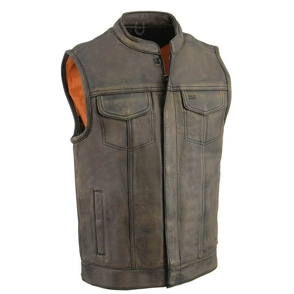 Milwaukee Leather MLM3510 Men's Black/Beige Premium Leather Club Style Vest - Dual Closure Open Neck Motorcycle Vest 4X-Large