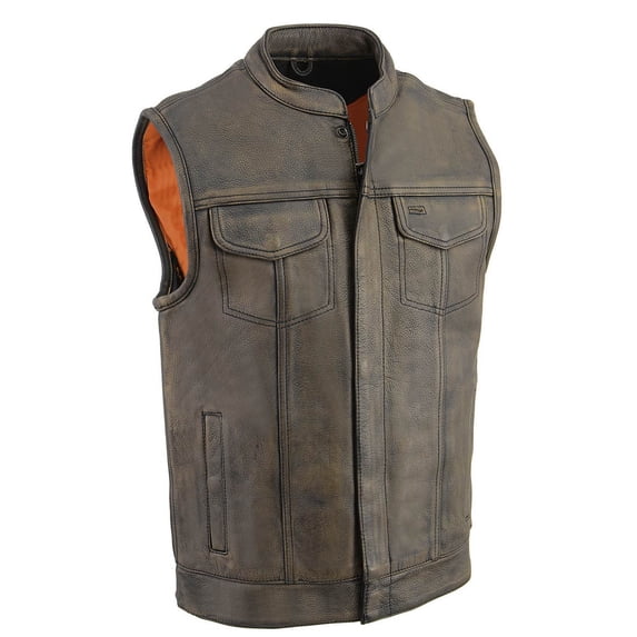 Milwaukee Leather MLM3510 Men's Black/Beige Premium Leather Club Style Vest - Dual Closure Open Neck Motorcycle Vest Large