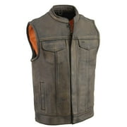 Milwaukee Leather MLM3510 Mens Black/Beige Premium Leather Club Style Vest - Dual Closure Open Neck Motorcycle Vest Small