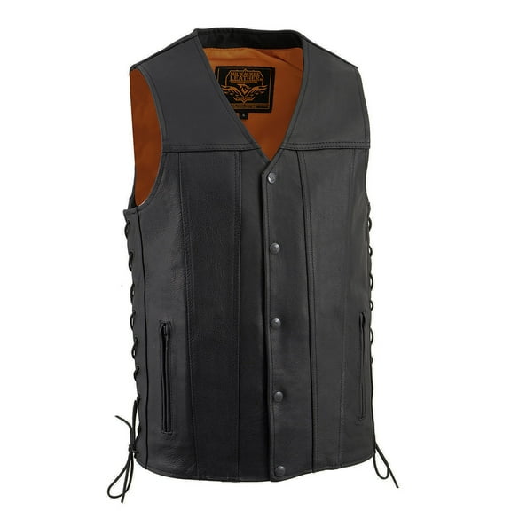 Milwaukee Leather MLM3520 Men's Black Leather Vest - Classic V-Neck Straight Bottom Side Lace Motorcycle Rider Vest Large