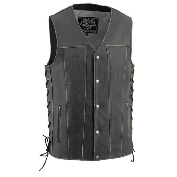 Milwaukee Leather MLM3521 Men's Distress Grey Leather Vest - V-Neck Straight Bottom Side Lace Motorcycle Rider Vest 4X-Large
