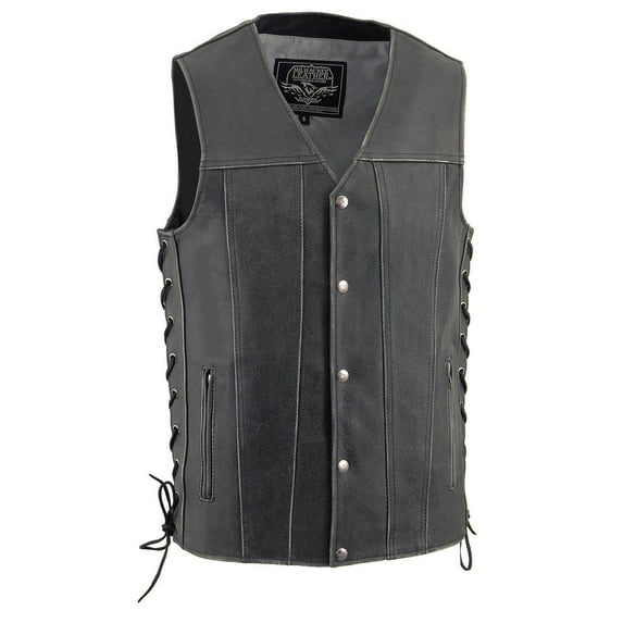 Milwaukee Leather MLM3521 Men's Distress Grey Leather Vest - V-Neck Straight Bottom Side Lace Motorcycle Rider Vest 7X-Large