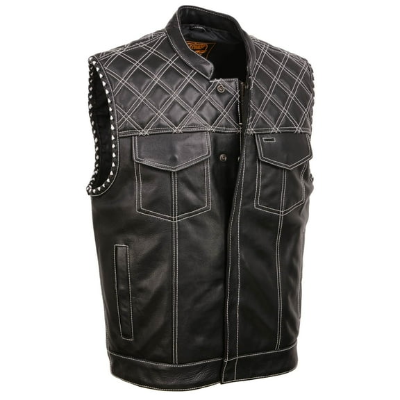 Milwaukee Leather MLM3525 Men's Black 'Paisley' Accented White Stitching Leather Vest – w/Armhole Trim Open Collar Design Medium