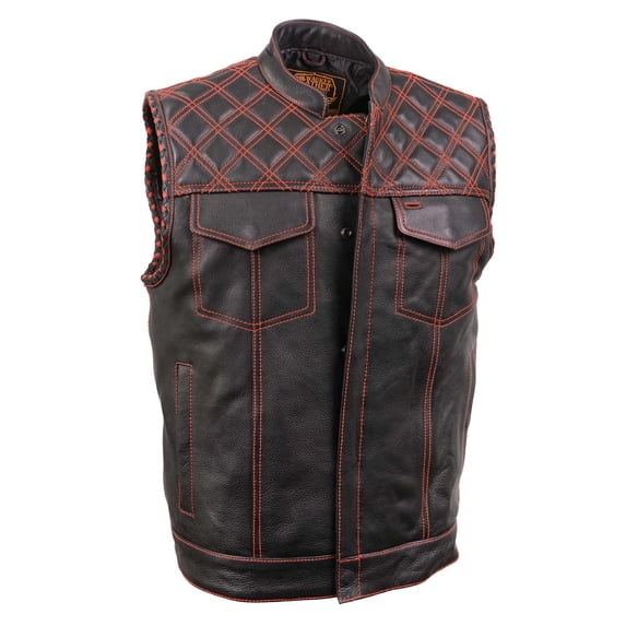 Milwaukee Leather MLM3526 Men's Black 'Paisley' Accented Red Stitching Leather Vest – w/ Armhole Trim Open Collar Design Large