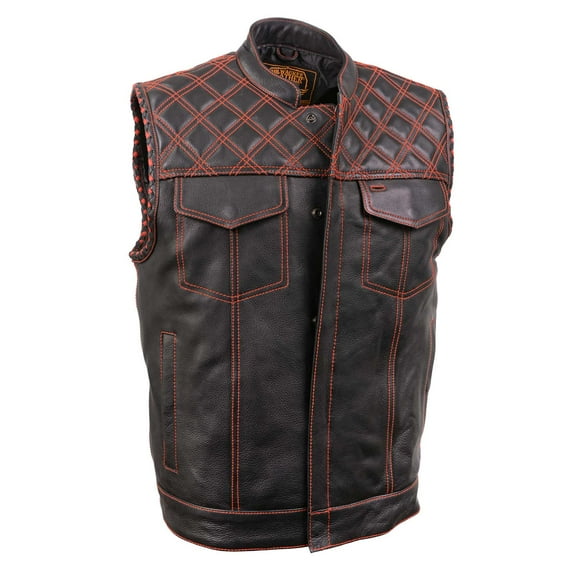 Milwaukee Leather MLM3526 Men's Black 'Paisley' Accented Red Stitching Leather Vest – w/ Armhole Trim Open Collar Design Small